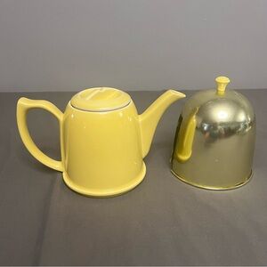 VTG Hall Pottery Yellow Teapot W/ Aluminum Cozy Cover Made In USA 6.5”